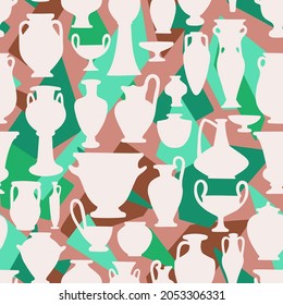 Ancient seamless pattern with antique vases on background of abstract polygonals. Vintage objects crockery. Greek and roman amphoras and vessels for food, wine, grain, oil and incense.