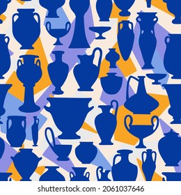 Ancient seamless pattern with antique vases on background of abstract polygonals. Vintage objects crockery. Greek and roman amphoras and vessels for food, wine, grain, oil and incense.