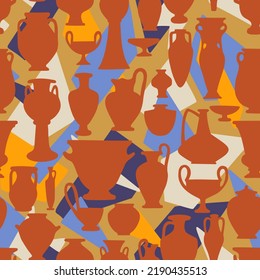 Ancient seamless pattern with antique vases on background of abstract polygonals. Vintage objects crockery. Greek and roman amphoras and vessels for food, wine, grain, oil and incense.