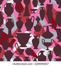 Ancient seamless pattern with antique vases on background of abstract polygonals. Vintage objects crockery. Greek and roman amphoras and vessels for food, wine, grain, oil and incense.
