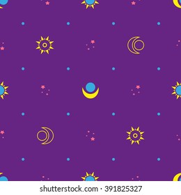 Ancient seamless pattern with space icons, astrology signs and dots in vector on purple  background. Cute sacred geometry retro illustration with space set of night sky elements : stars, sun, moon 