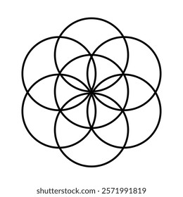 Ancient Seed of Life design featuring overlapping circles and a protective outline, symbolizing harmony