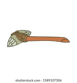Ancient self-made stone axe or hammer sketch style, vector illustration isolated on white background. Prehistoric caveman tool or weapon, stone or rock tied to a stick by rope