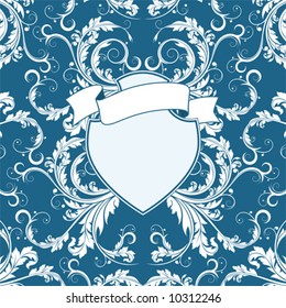 Ancient shield on floral background with ribbon