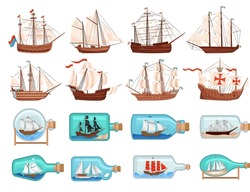 Ancient Ship Boat With White Canvas And Old Miniature Vessels In Bottles Set. Sailboat Souvenirs Cartoon Vector