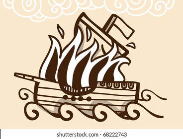 Ancient ship burning in the sea