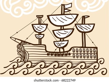 Ancient ship with large mask of prow sailing