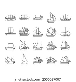 ancient ship maritime vessel icons set vector. navigation exploration, trade archaeology, discovery seafaring, shipwreck galleon ancient ship maritime vessel black contour illustrations