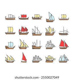 ancient ship maritime vessel icons set vector. navigation exploration, trade archaeology, discovery seafaring, shipwreck galleon ancient ship maritime vessel color line illustrations