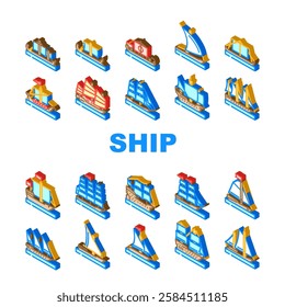 ancient ship maritime vessel icons set vector. navigation exploration, trade discovery, seafaring, shipwreck, galleon, trireme ancient ship maritime vessel isometric sign illustrations