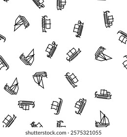 ancient ship maritime vessel vector seamless pattern thin line illustration