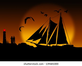 Ancient ship sailing at beautiful sunset, vector illustration
