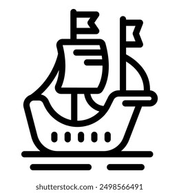 Ancient ship sailing on water with flags waving in wind line art icon