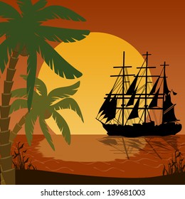 Ancient ship sailing at tropical sunset, vector illustration