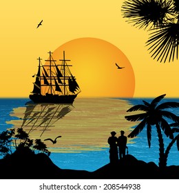 Ancient ship sailing at tropical sunset, vector illustration