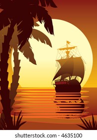Ancient ship sailing, vector