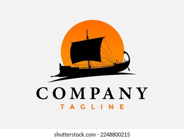 Ancient Ship silhouette against sun background.