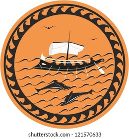 Ancient ship, stylized to  black-figured pottery