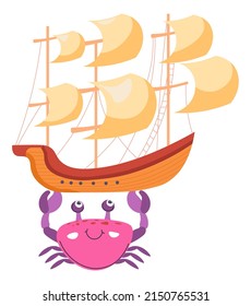 Ancient ship or vessel with sails, isolated ship with crab character holding toy on claws. Smiling personage marine animal with funny facial expression on muzzle. Vector in flat style illustration