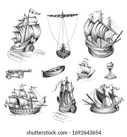 Ancient ships sailboats. Vintage image. Hand drawing. Vector set