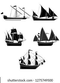 Ancient ships. A set of five images. Vector illustration.