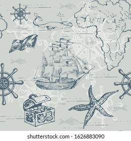 Ancient ships. Travel, adventure and discovery seamless pattern with nautical symbols. 