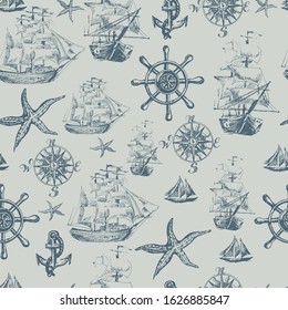 Ancient ships. Travel, adventure and discovery seamless pattern with nautical symbols. 