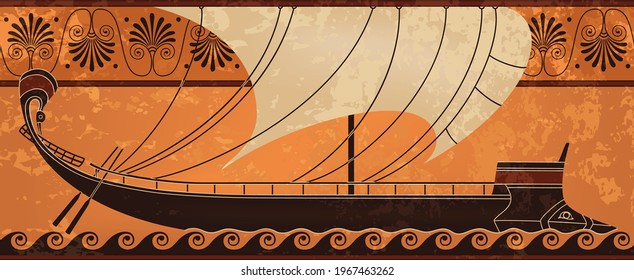 Ancient ship.Trireme.Ancient greece.History.Culture.Black figure pottery design.
