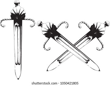 An ancient short powerful knightly dagger for the left hand with a wel protected guard and a straight blade
