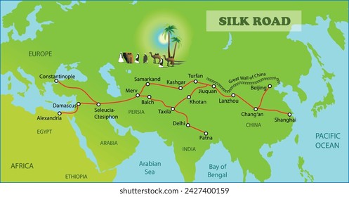 Ancient Silk Road map. Science education vector illustration