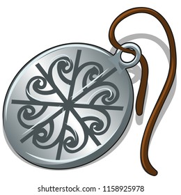 Ancient silver pendant with slavic symbol isolated on white background. Vector cartoon close-up illustration.
