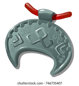 Ancient silver pendant with slavic symbol in the form of half moon isolated on white background. Vector cartoon close-up illustration.