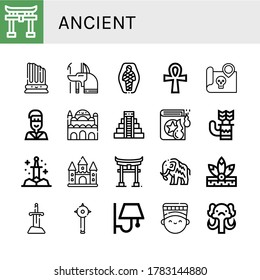 Ancient Simple Icons Set. Contains Such Icons As Shinto, Column, Anubis, Mummy, Ankh, Treasure Map, Native American, Cairo Citadel, Mayan Pyramid, Can Be Used For Web, Mobile And Logo