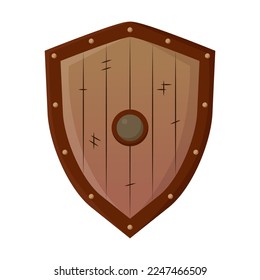 Ancient simple wooden shield of warrior vector illustration. Cartoon drawing of old weapon on white background. War, weapon concept for game design