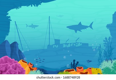 Ancient Sinking Ship Shark Fish Marine Coral Underwater Ocean Illustration