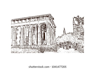 Ancient Sites in Athens, Greece. Hand drawn sketch illustration in vector.