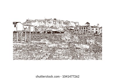 Ancient Sites in Athens, Greece. Hand drawn sketch illustration in vector.