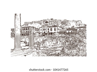 Ancient Sites in Athens, Greece. Hand drawn sketch illustration in vector.