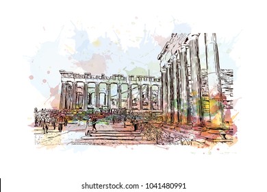 Ancient Sites in Athens, Greece. Watercolor splash with hand drawn sketch illustration in vector.