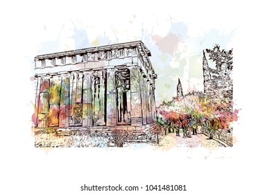 Ancient Sites in Athens, Greece. Watercolor splash with hand drawn sketch illustration in vector.