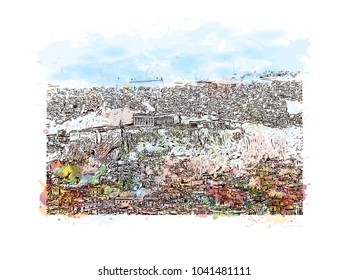 Ancient Sites in Athens, Greece. Watercolor splash with hand drawn sketch illustration in vector.