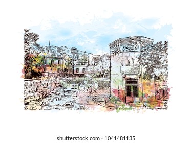 Ancient Sites in Athens, Greece. Watercolor splash with hand drawn sketch illustration in vector.