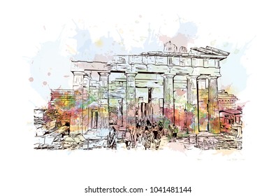 Ancient Sites in Athens, Greece. Watercolor splash with hand drawn sketch illustration in vector.