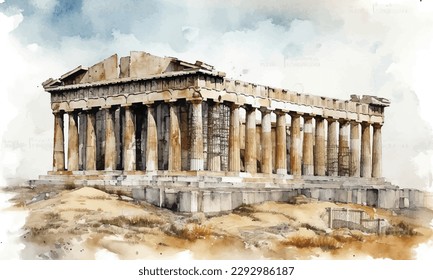 Ancient Sites in Athens, Greece. Watercolor splash with hand drawn sketch illustration in vector.
