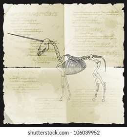 Ancient skeleton of unicorn on old papyrus. Vector illustration