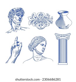 Ancient sketch drawings - statues, bust, pillar, amphora, column. Different objects. Mythical, ancient Greek or roman style. Hand drawn sculpture illustration. Classic statues. Collage art elements