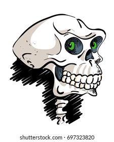 Ancient skull cartoon hand drawn image. Looking skull. Original colorful artwork, comic childish style drawing.