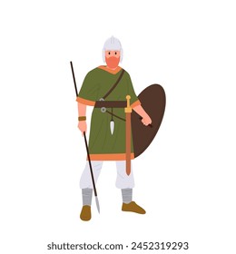 Ancient Slavic warrior isolated cartoon character wearing traditional native costume with weapon