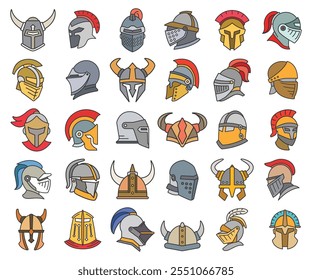 ancient soldier helmet and warrior helmet icons set