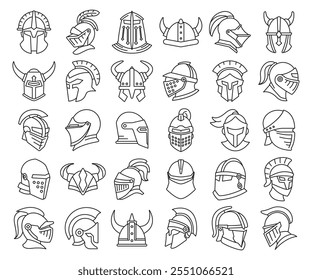 ancient soldier helmet and warrior helmet line icons set